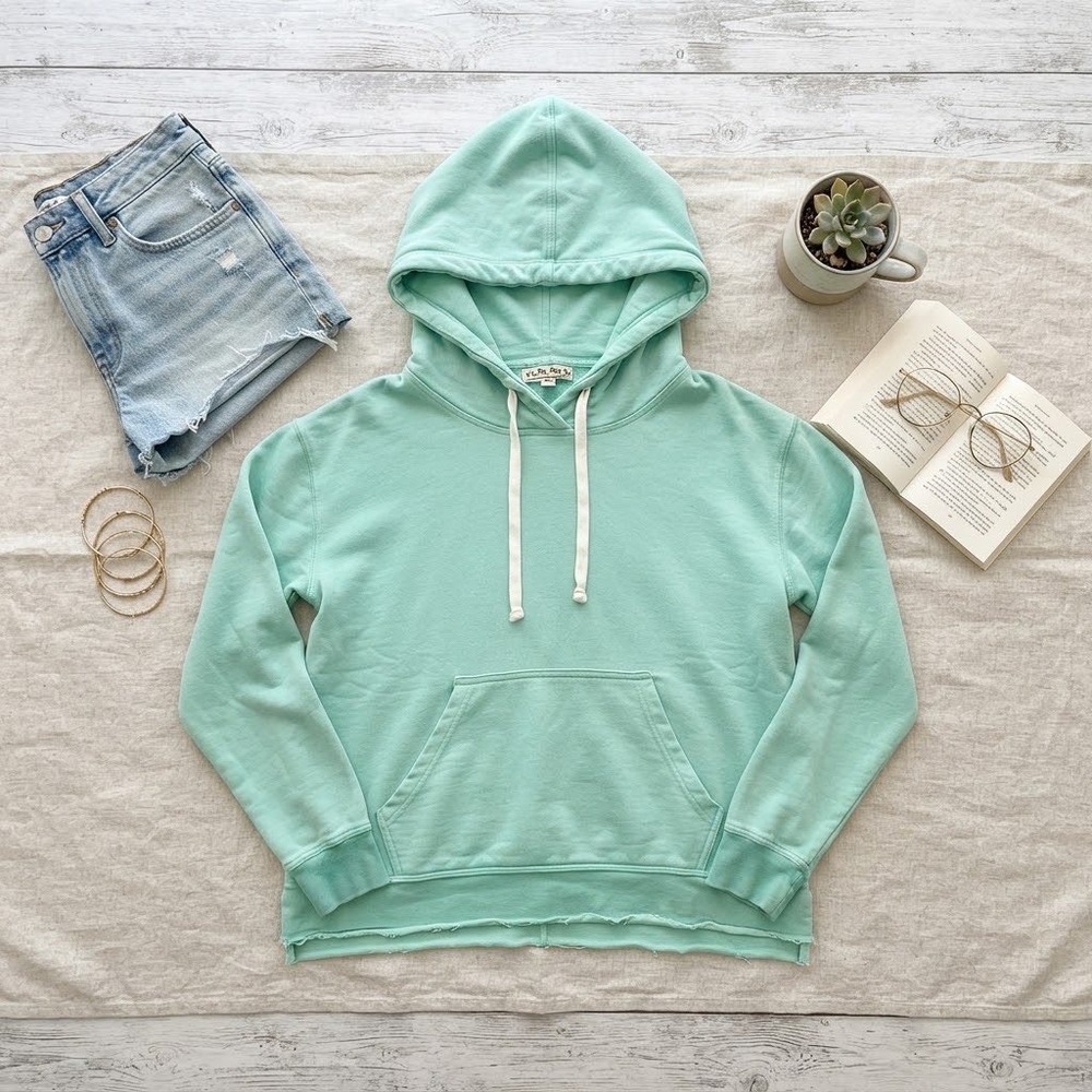 We The Free Free People Mint Green Raw Hem Pullover Hoodie Sweatshirt Medium